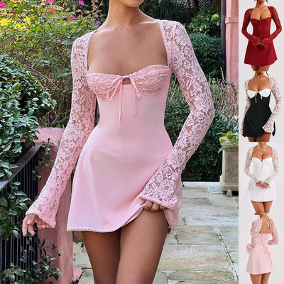 Mini Dress Lace Long Sleeve Backless Lace-Up Corset Detail