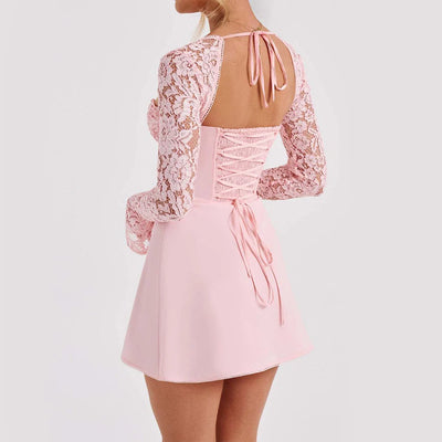 Mini Dress Lace Long Sleeve Backless Lace-Up Corset Detail