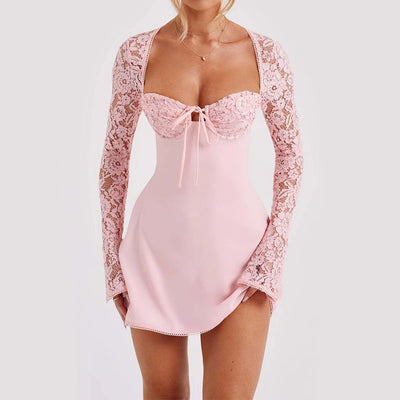 Mini Dress Lace Long Sleeve Backless Lace-Up Corset Detail