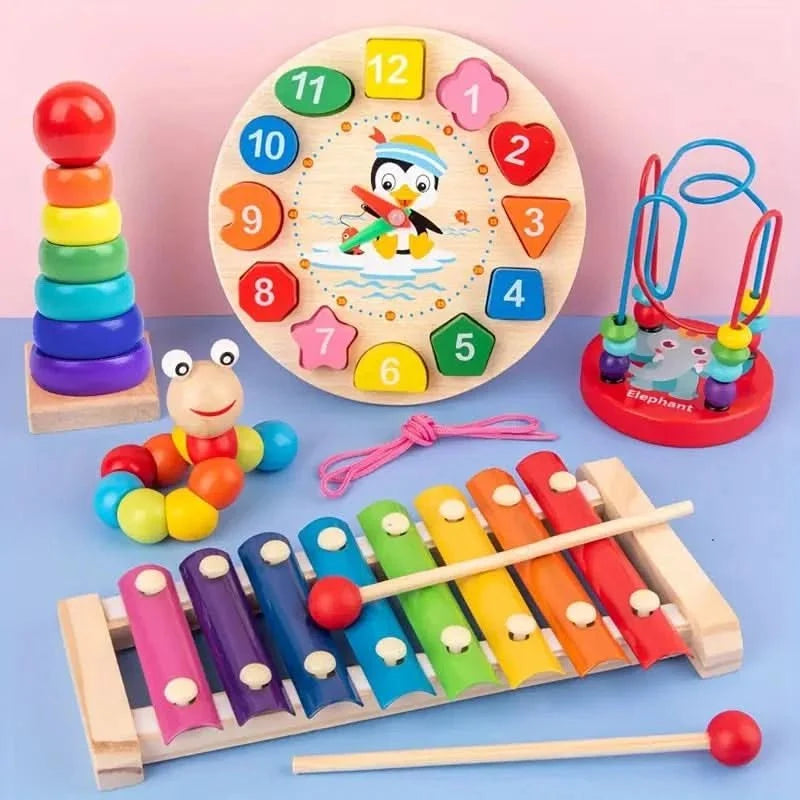 Montessori Baby Toy Set Natural Wood 5 Learning Modules