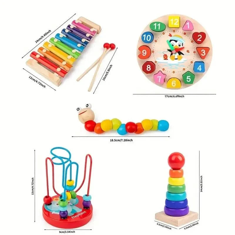 Montessori Baby Toy Set Natural Wood 5 Learning Modules