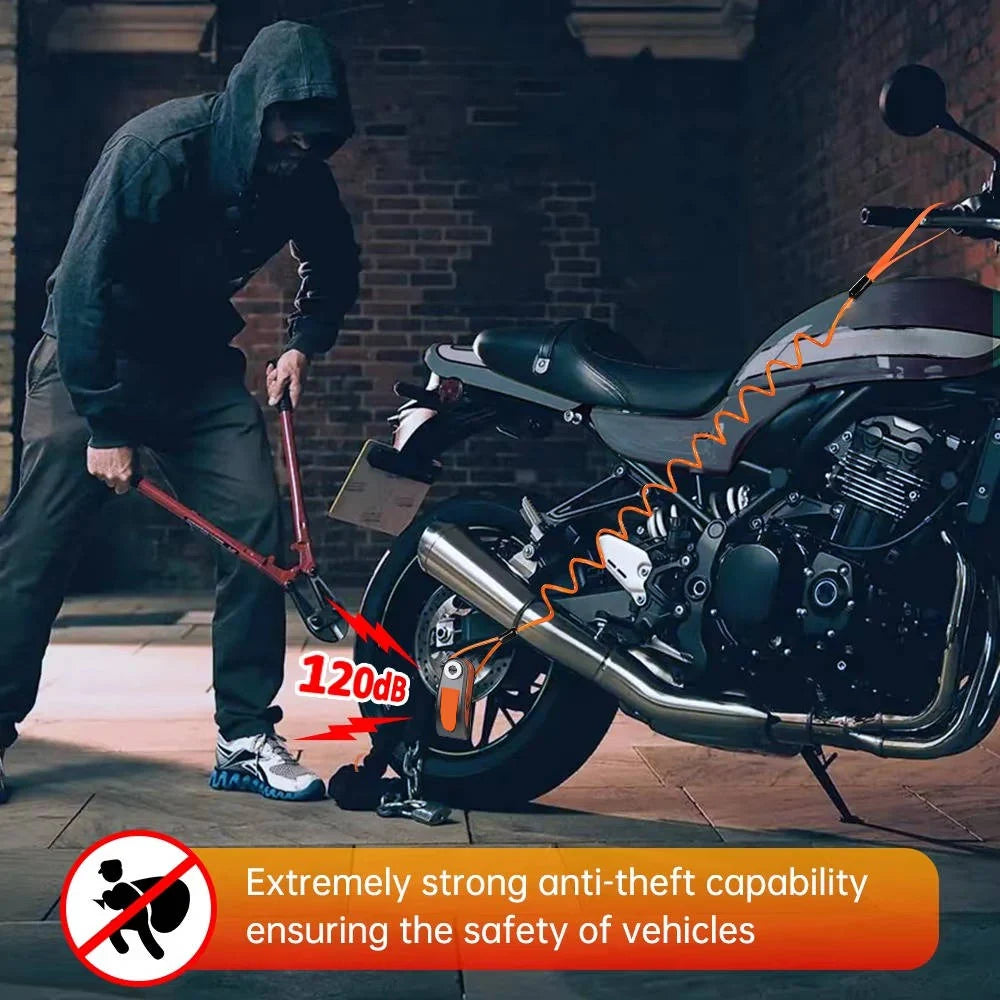Motorcycle Disc Lock 120dB Motion Alarm IP67 Water-Resistant Rechargeable