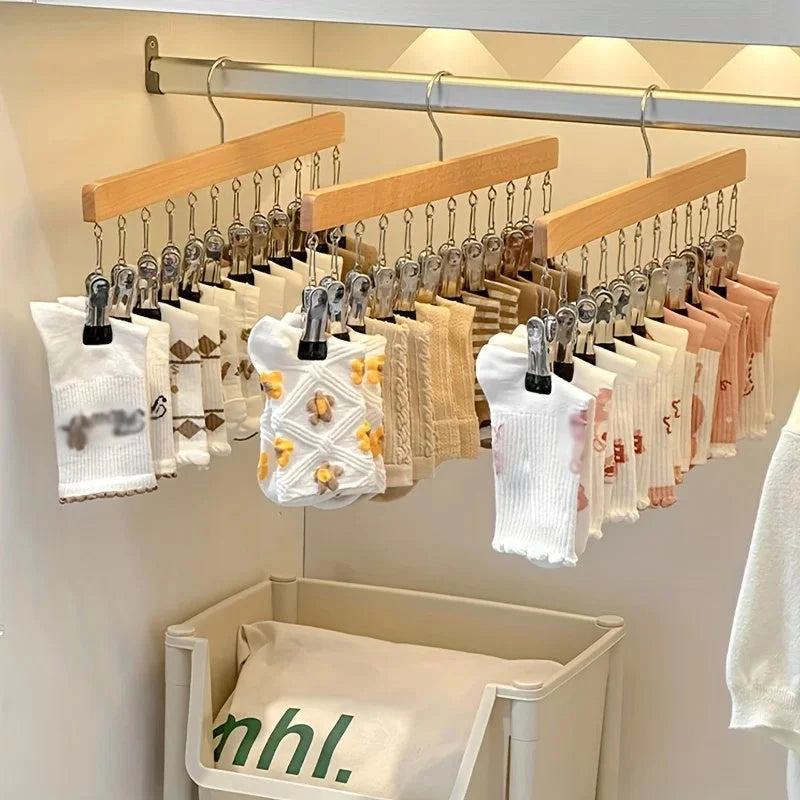 Multi-Clip Clothes Hanger Wooden Bar & 12 Metal Clips