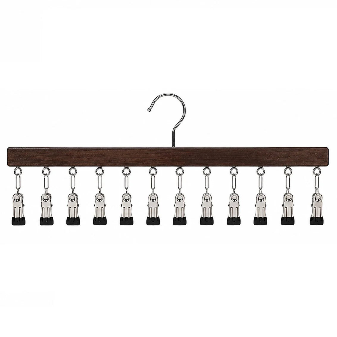 Multi-Clip Clothes Hanger Wooden Bar & 12 Metal Clips