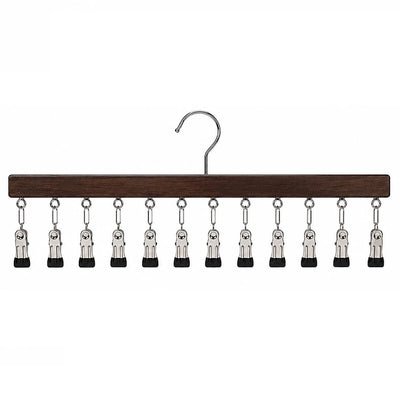 Multi-Clip Clothes Hanger Wooden Bar & 12 Metal Clips