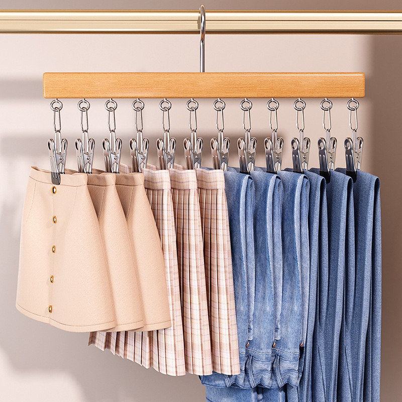 Multi-Clip Clothes Hanger Wooden Bar & 12 Metal Clips