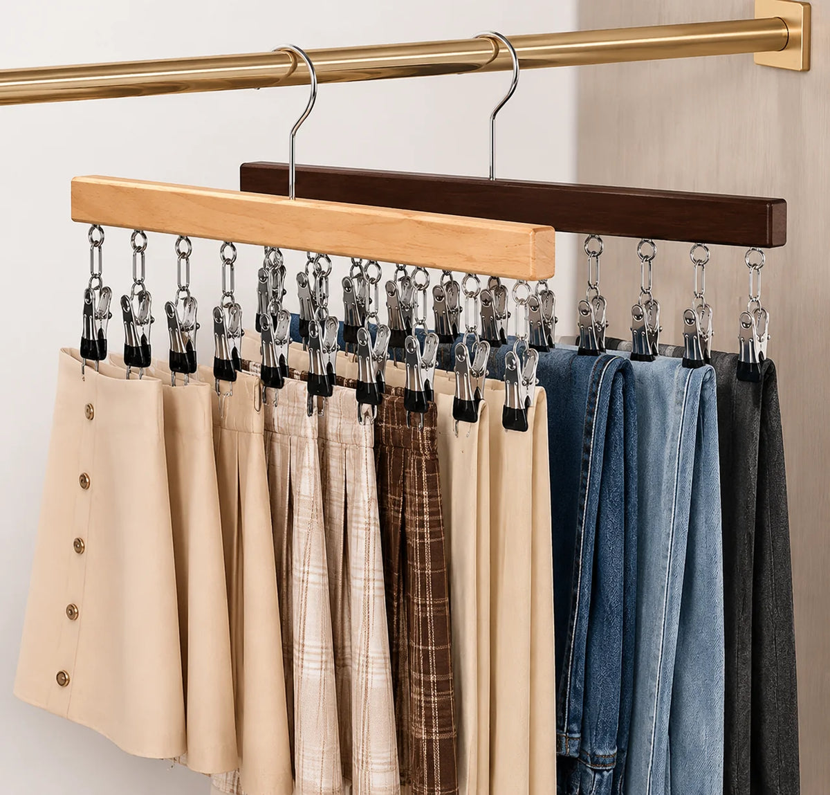 Multi-Clip Clothes Hanger Wooden Bar & 12 Metal Clips