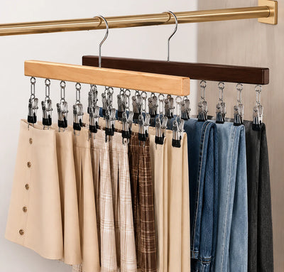 Multi-Clip Clothes Hanger Wooden Bar & 12 Metal Clips