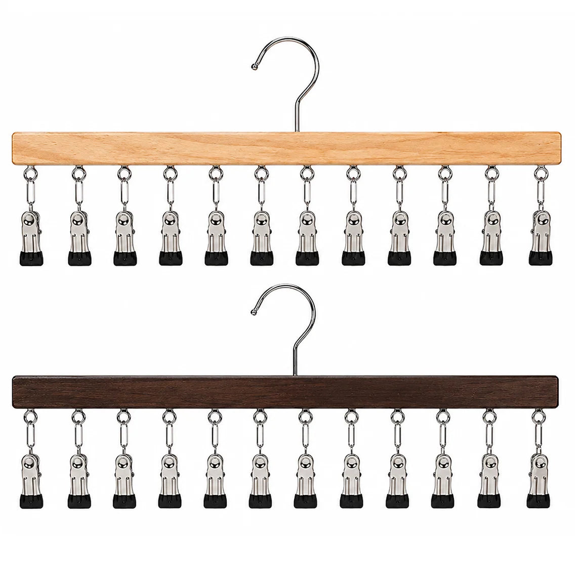 Multi-Clip Clothes Hanger Wooden Bar & 12 Metal Clips