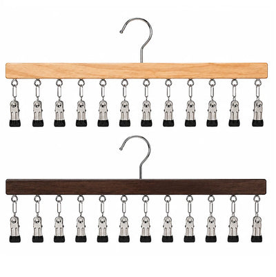 Multi-Clip Clothes Hanger Wooden Bar & 12 Metal Clips