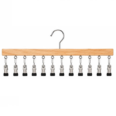 Multi-Clip Clothes Hanger Wooden Bar & 12 Metal Clips