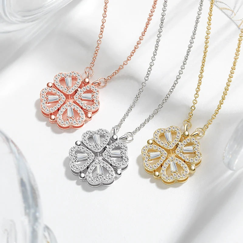 Necklace Four-Heart Clover Adjustable Chain & Eternal Rose Box
