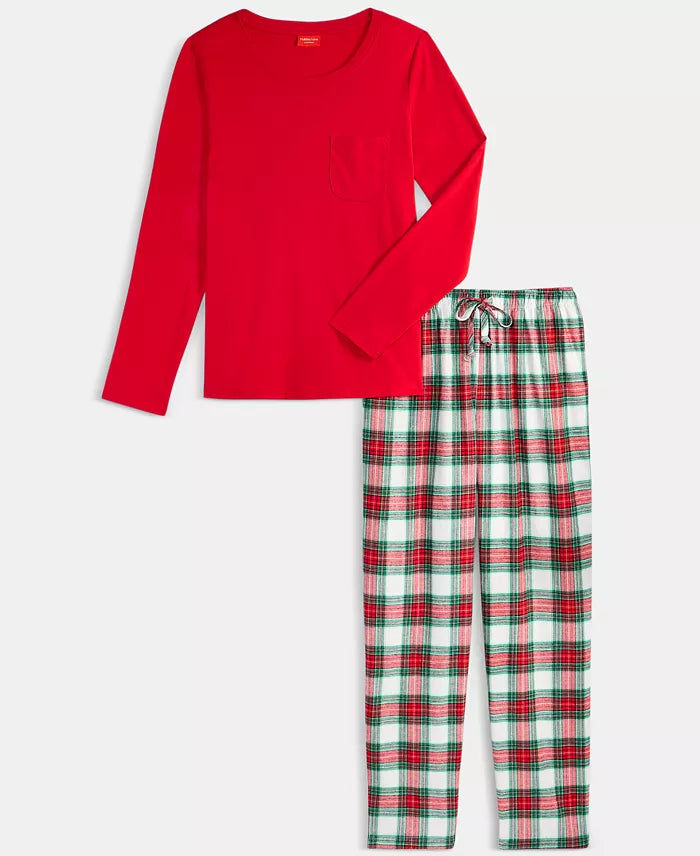 Pajama Set Plaid Flannel Heat-Trapping Drawstring Waist & Pockets