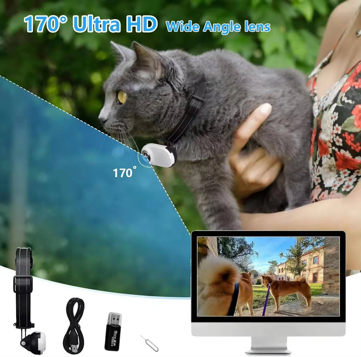 Pet Camera Collar Magnetic Mount 170° Wide-Angle Night Vision