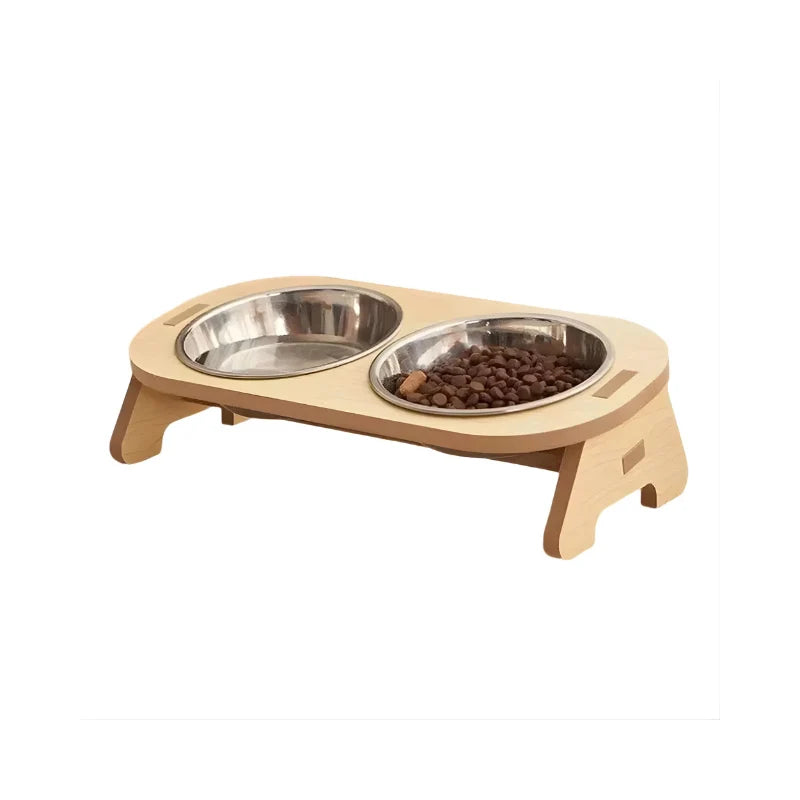 Pet Feeding Bowl Elevated Hardwood Removable Stainless Steel Bowls