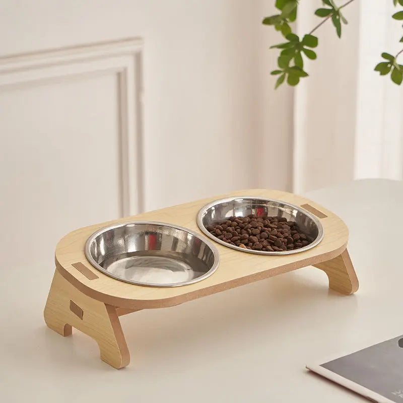 Pet Feeding Bowl Elevated Hardwood Removable Stainless Steel Bowls