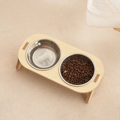 Pet Feeding Bowl Elevated Hardwood Removable Stainless Steel Bowls