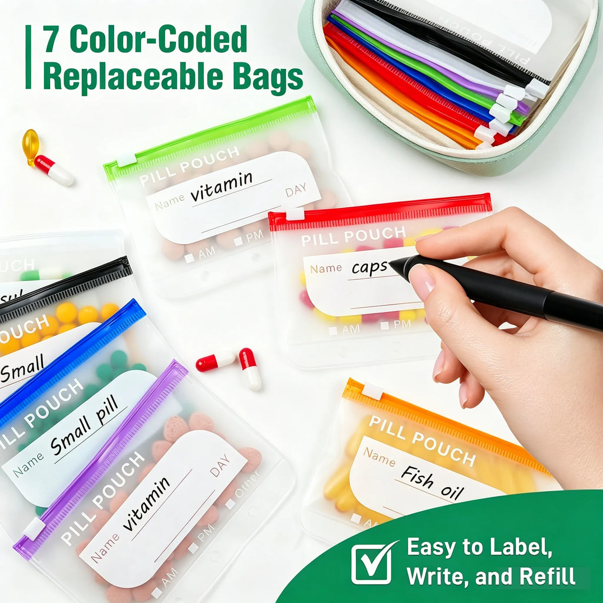 Pill Organizer Labelable & Waterproof Pouches Ring Binder
