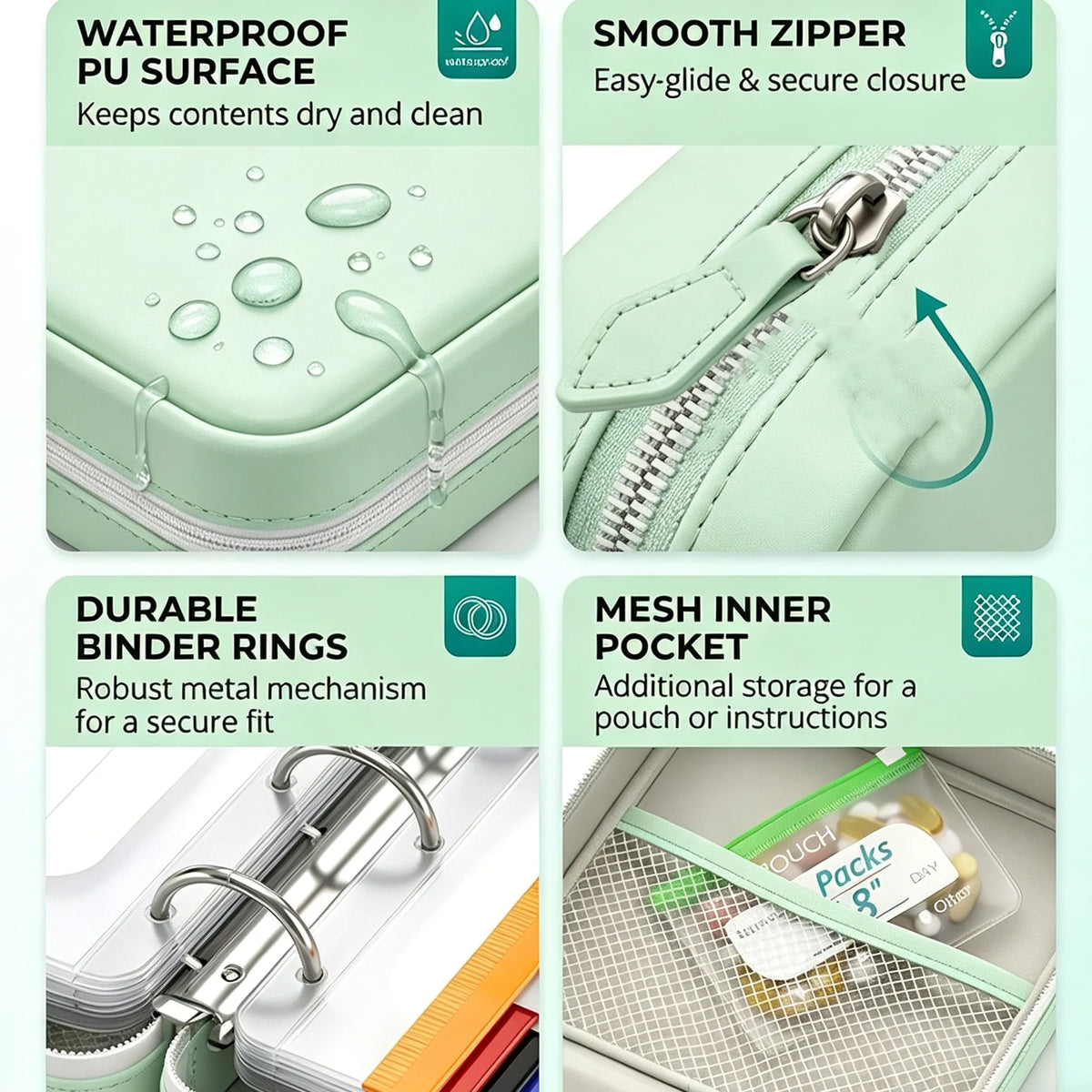 Pill Organizer Ring Binder Writable & Waterproof Pouches