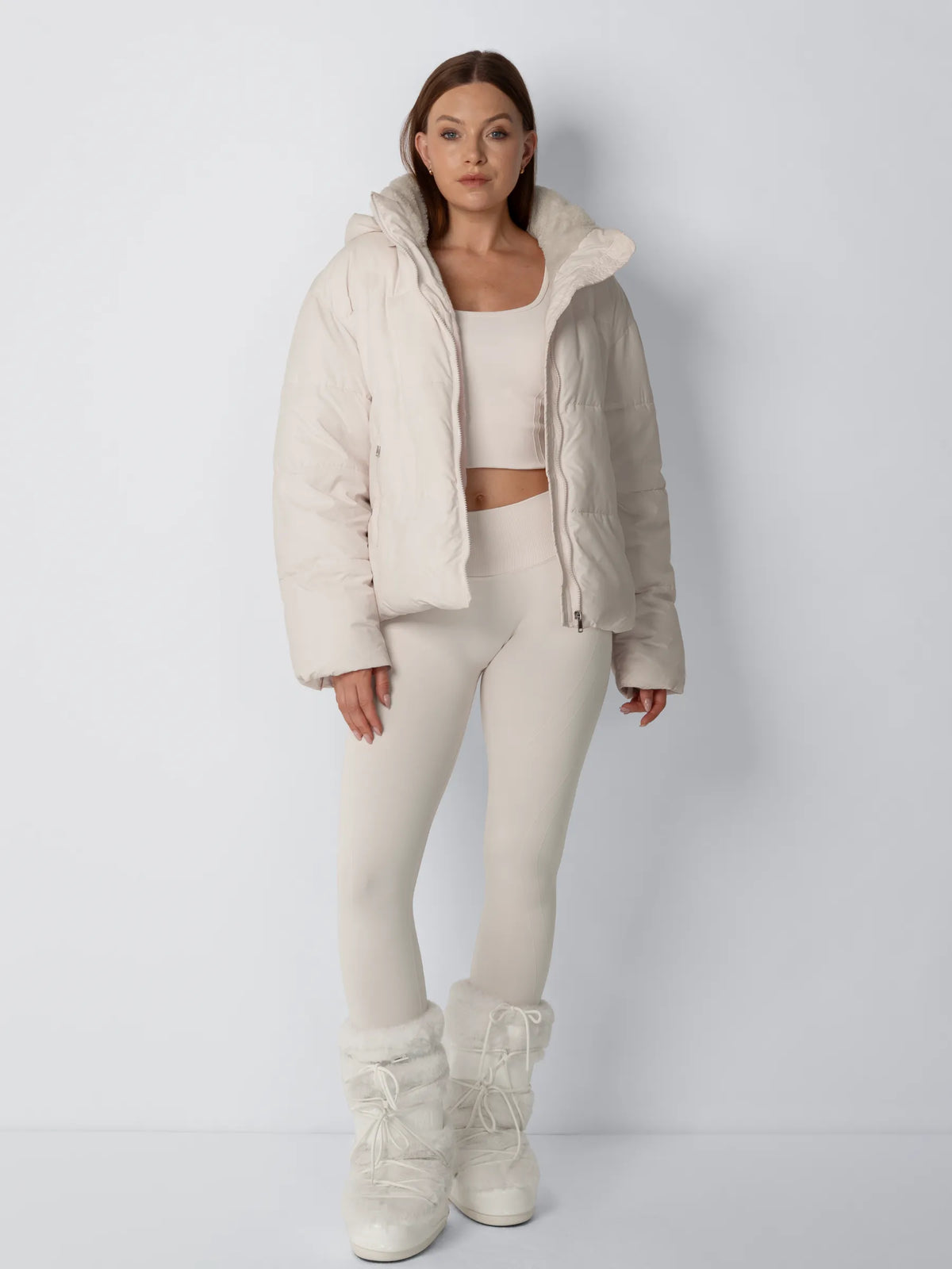 Puffer Jacket Cropped Quilted Faux Fur Lined Detachable Hood