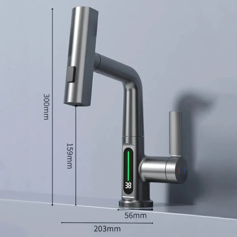 Pull-Out Kitchen Faucet LED Temperature Display Five Spray Modes