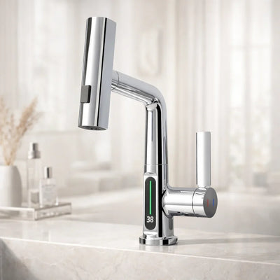 Pull-Out Kitchen Faucet LED Temperature Display Five Spray Modes