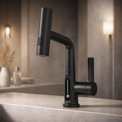 Pull-Out Kitchen Faucet LED Temperature Display Five Spray Modes