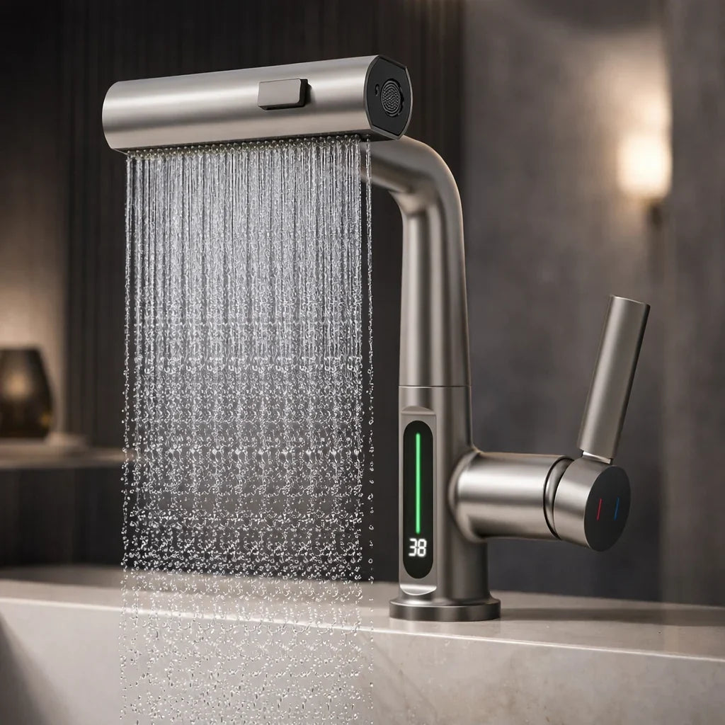 Pull-Out Kitchen Faucet LED Temperature Display Five Spray Modes