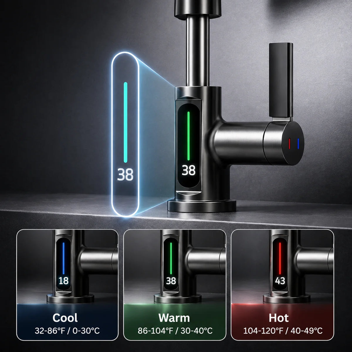 Pull-Out Kitchen Faucet LED Temperature Display Five Spray Modes