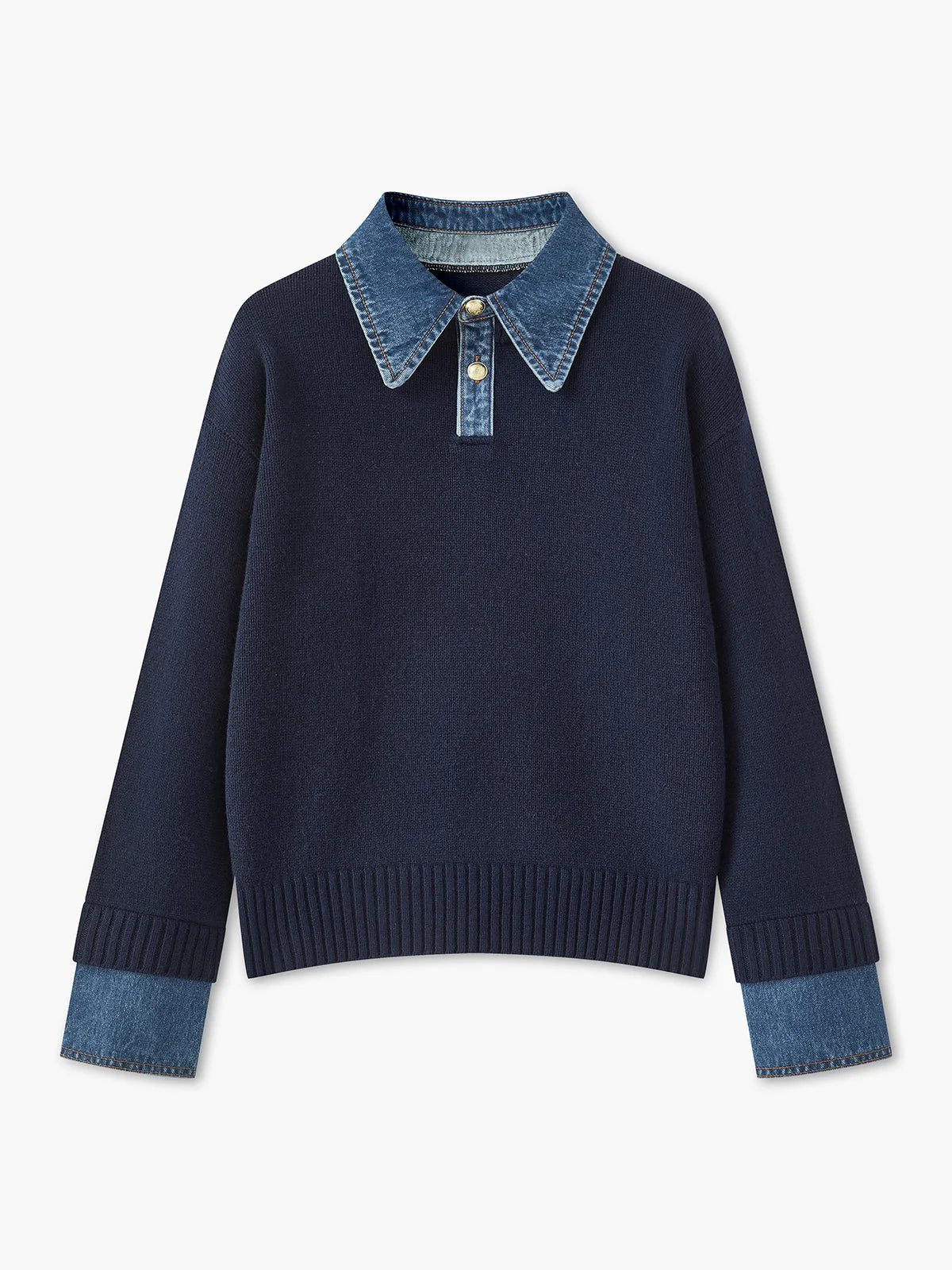 Pullover Sweater Denim Collar & Metal Buttons