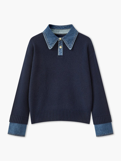 Pullover Sweater Denim Collar & Metal Buttons