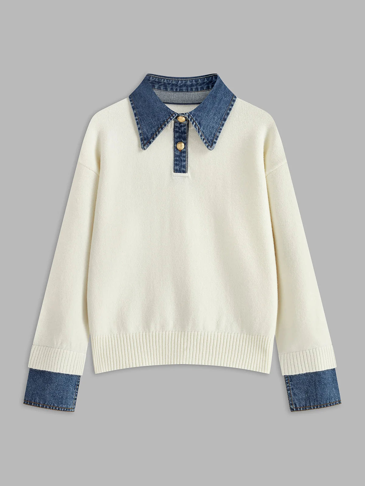 Pullover Sweater Denim Collar & Metal Buttons