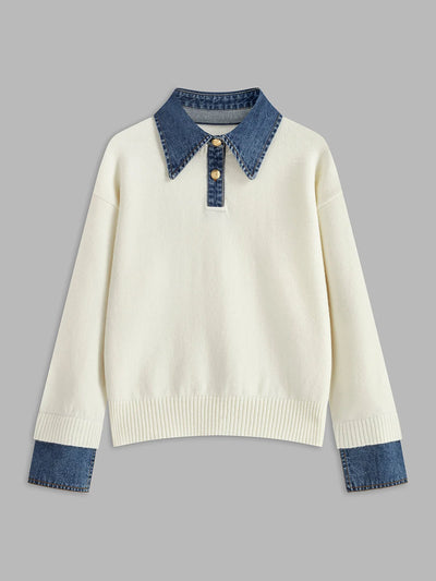 Pullover Sweater Denim Collar & Metal Buttons