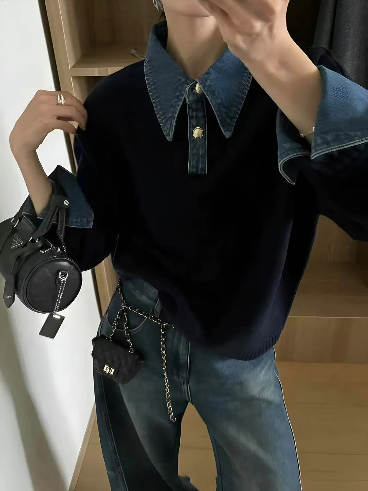 Pullover Sweater Denim Collar & Metal Buttons