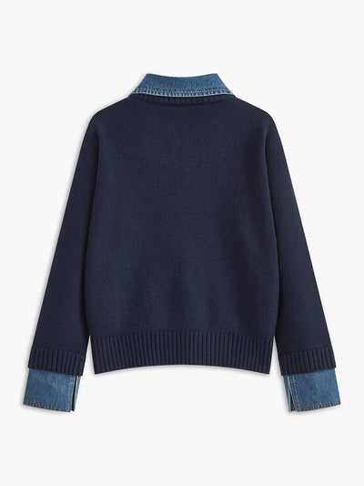 Pullover Sweater Denim Collar & Metal Buttons