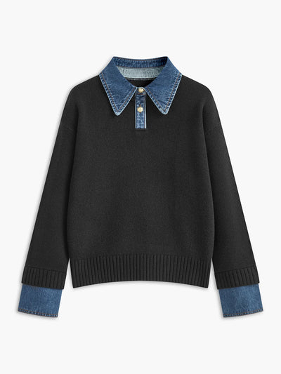 Pullover Sweater Denim Collar & Metal Buttons