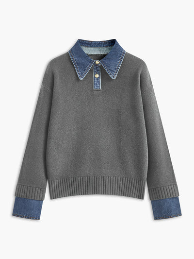 Pullover Sweater Denim Collar & Metal Buttons