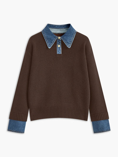 Pullover Sweater Denim Collar & Metal Buttons