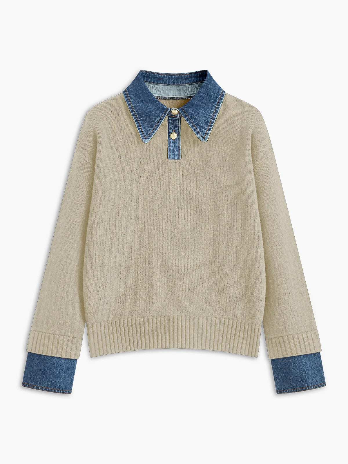 Pullover Sweater Denim Collar & Metal Buttons