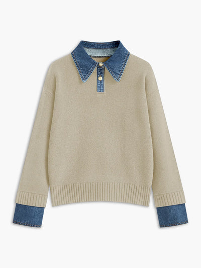 Pullover Sweater Denim Collar & Metal Buttons