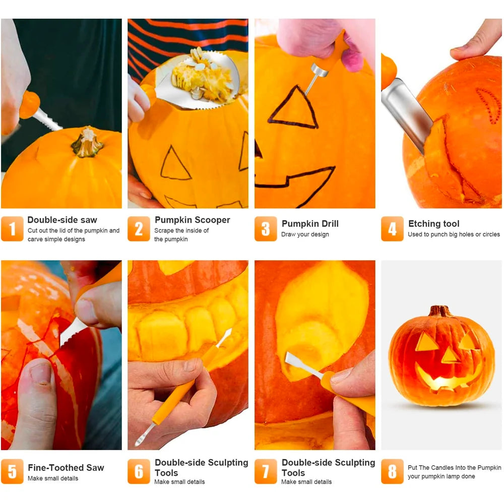 Pumpkin Carving Set 9-Piece Stainless Steel Blades Ergonomic Handles
