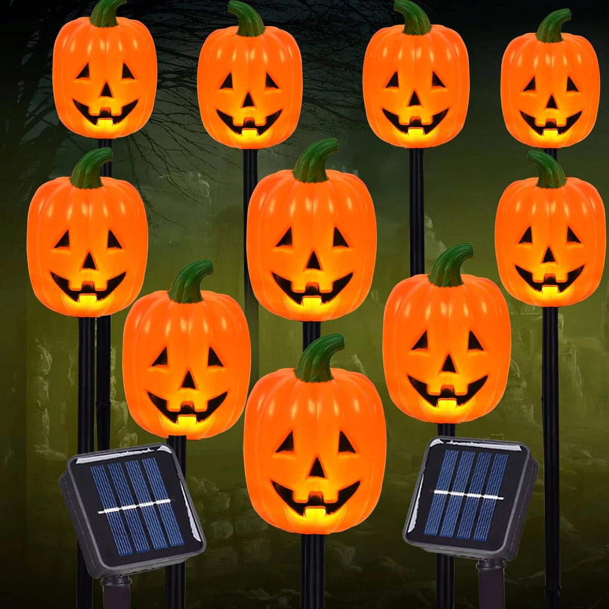 Pumpkin Stake Lights Solar Powered Warm White LED Set of 10