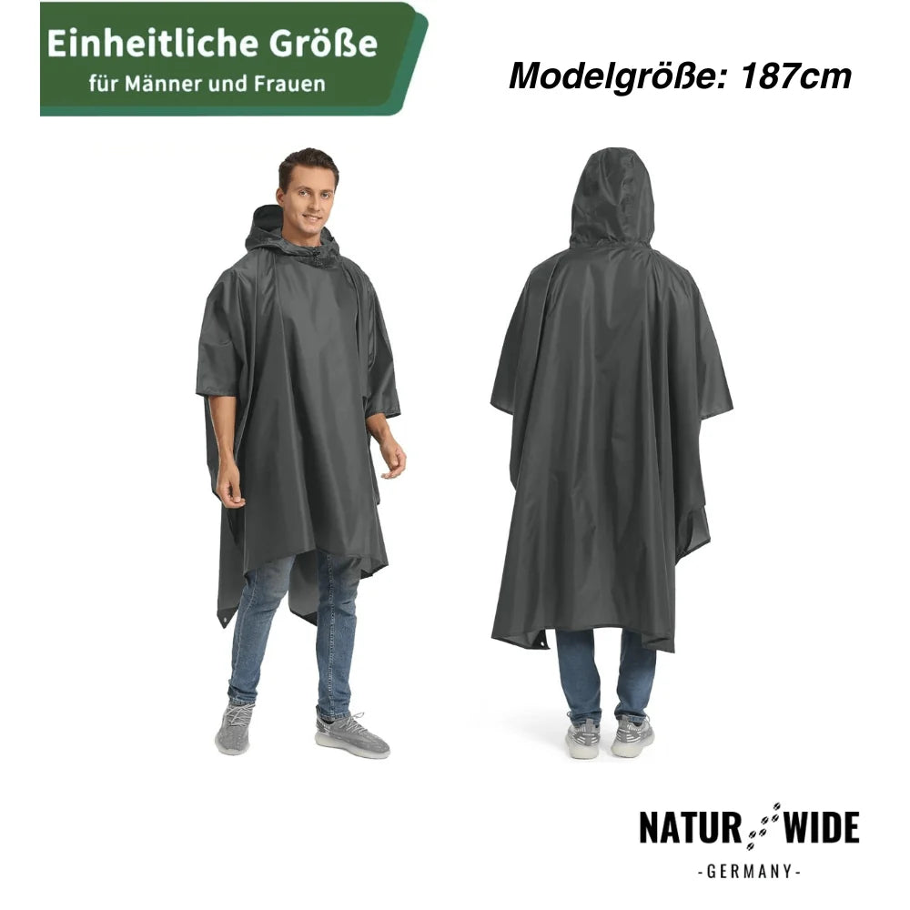 Rain Poncho Waterproof Hood & Sleeves Side Snap Closure