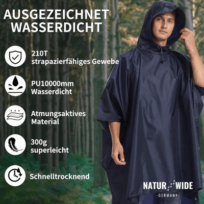 Rain Poncho Waterproof Hood & Sleeves Side Snap Closure