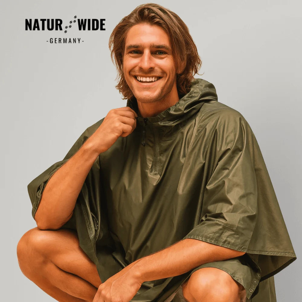 Rain Poncho Waterproof Hood & Sleeves Side Snap Closure