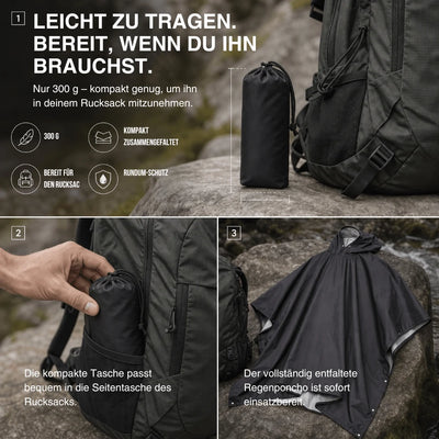 Rain Poncho Waterproof Hood & Sleeves Side Snap Closure