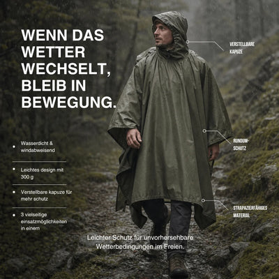 Rain Poncho Waterproof Hood & Sleeves Side Snap Closure