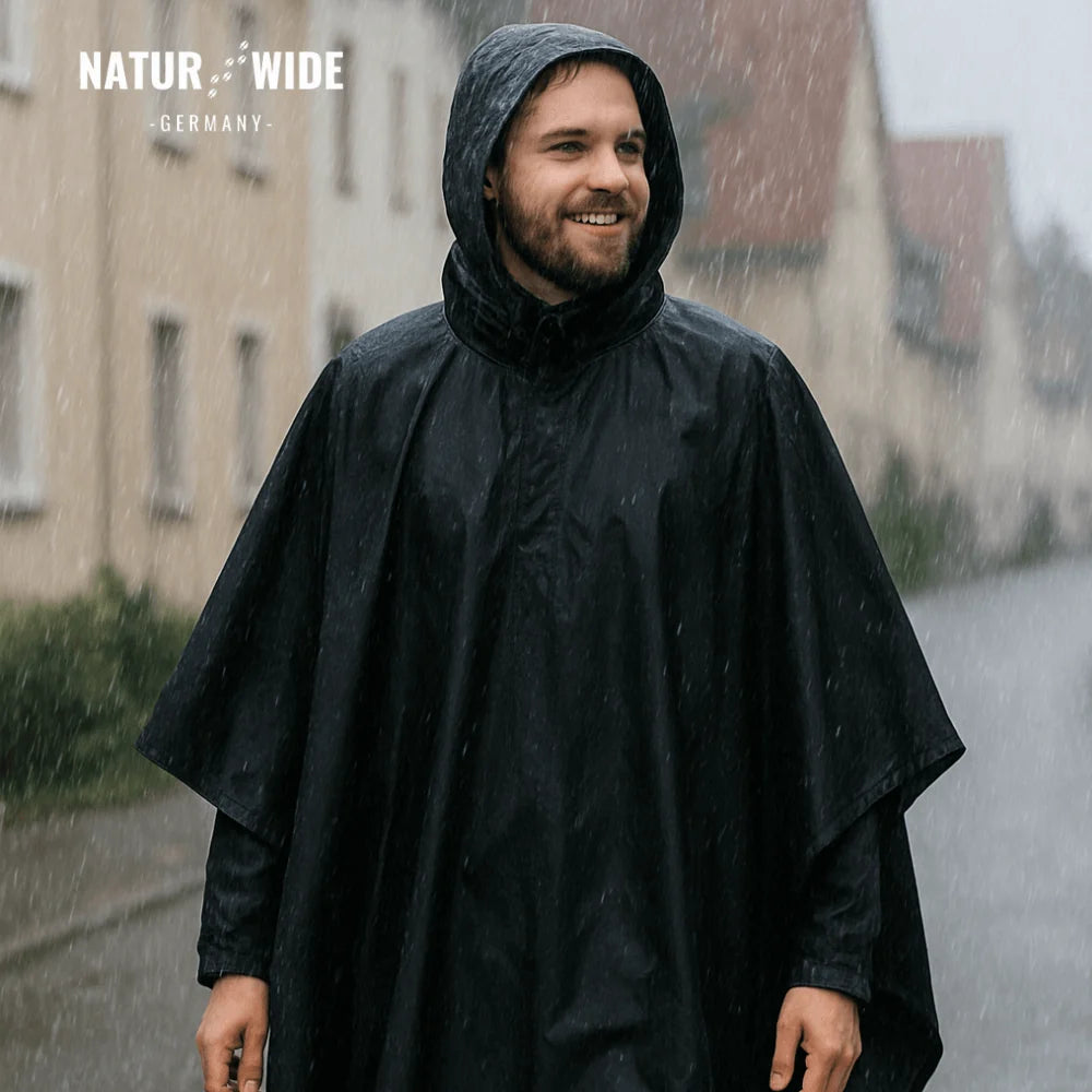 Rain Poncho Waterproof Hood & Sleeves Side Snap Closures