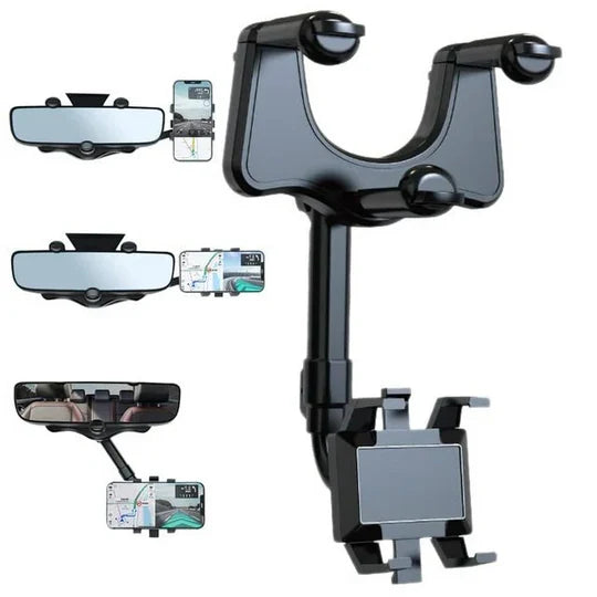 Rearview Mirror Phone Mount 360° Rotating Retractable Silicone Grip