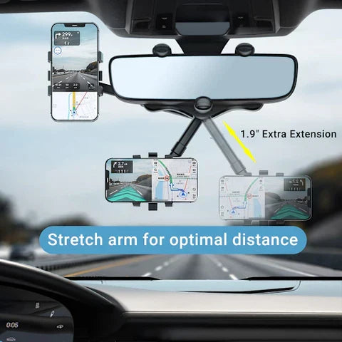 Rearview Mirror Phone Mount 360° Rotating Retractable Silicone Grip